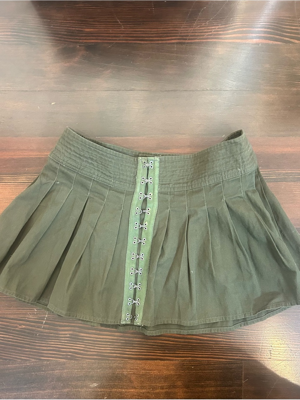L Furst Olive Pleated Hook-Front Mini Skirt